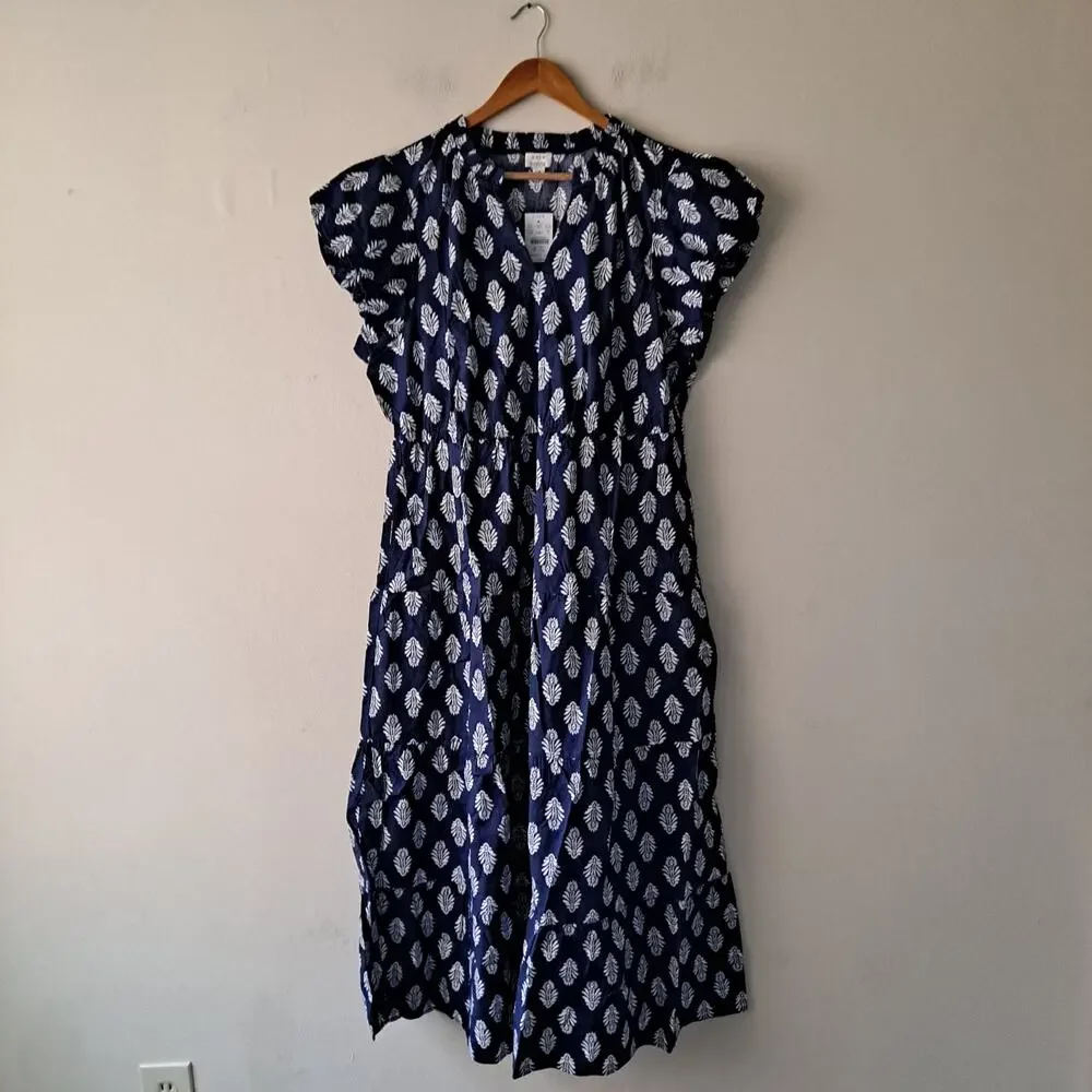NWT J. Crew Factory Willa Dress Leaf Print Puff Sleeve Tiered Midi Navy Size 18 - Picture 4 of 13